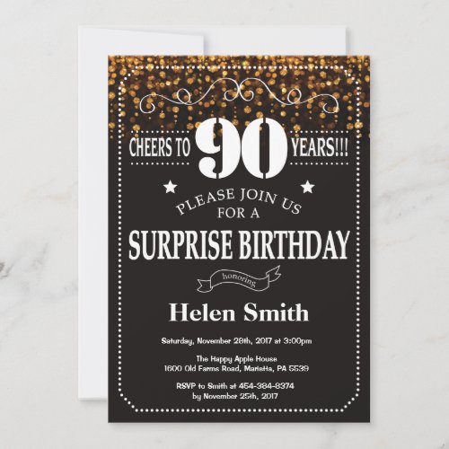 Gold Glitter Surprise 90th Birthday Invitation