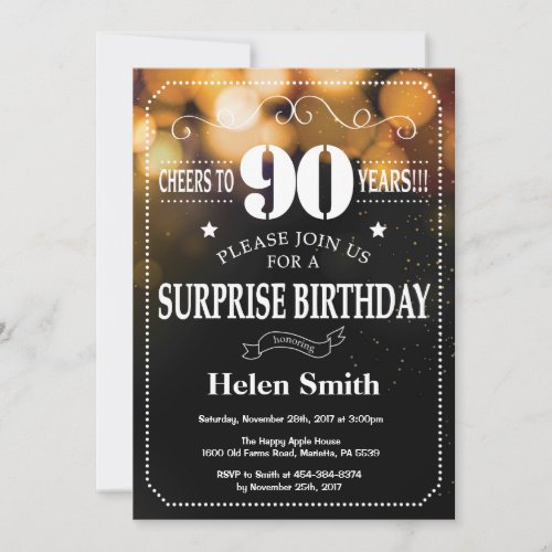 Gold Glitter Surprise 90th Birthday Invitation