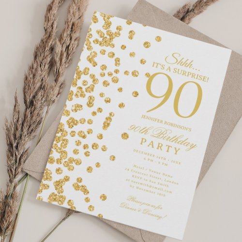 Gold Glitter Surprise 90th Birthday Party Invitation
