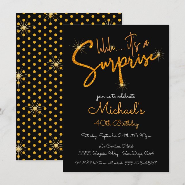 Gold Glitter Surprise Birthday Party Invitation (Front/Back)