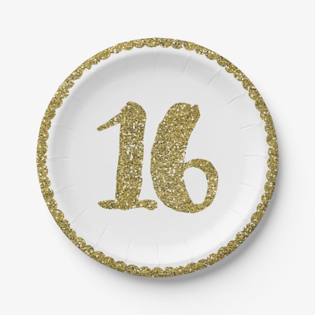 Gold Glitter Sweet 16 16TH Birthday Party Paper Plates (Front)