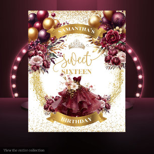 Gold Glitter Sweet 16 Backdrop Burgundy Flowers
