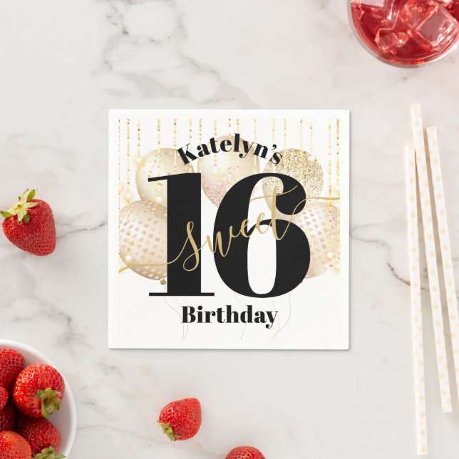 Gold Glitter Sweet 16 Birthday Balloons White Bold Napkins (Insitu)