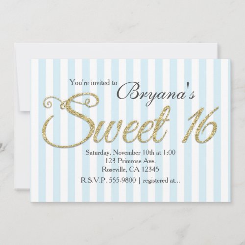 GOLD GLITTER SWEET 16 Blue Party Invitations