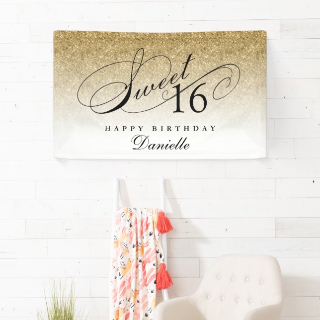 Gold Glitter Sweet 16 Personalized  Birthday  Banner (Insitu)