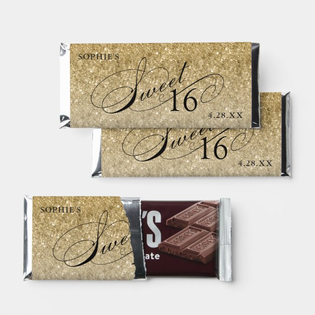 Gold Glitter Sweet 16 Personalized Hershey Bar Favors (Front)