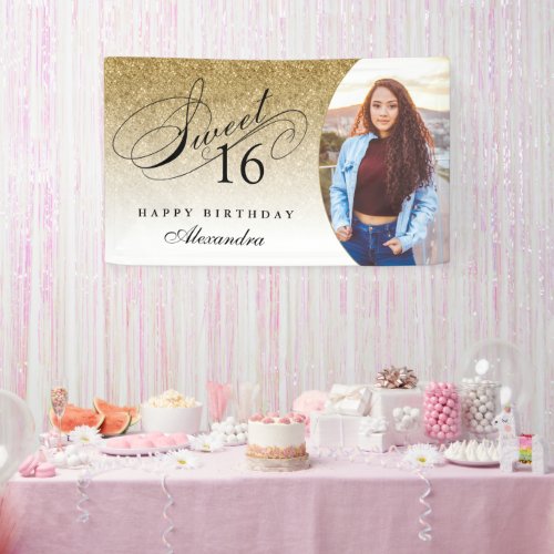 Gold Glitter Sweet 16 Personalized Photo Banner