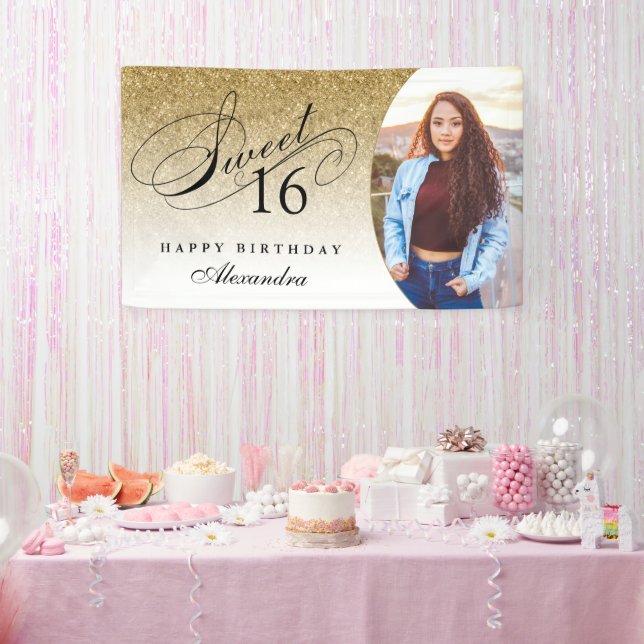 Gold Glitter Sweet 16 Personalized Photo Banner (Party)