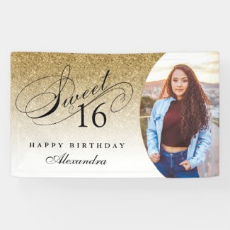 Gold Glitter Sweet 16 Personalized Photo Banner