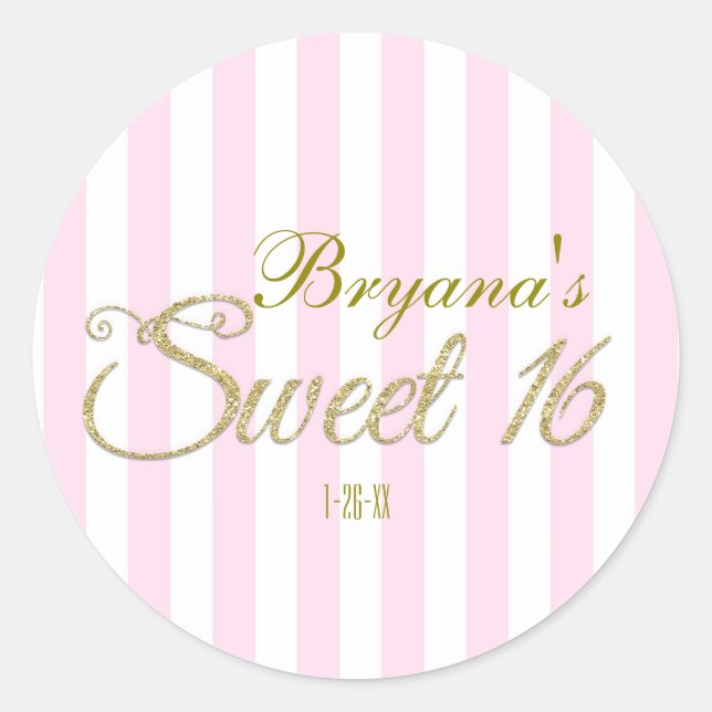 Gold Glitter SWEET 16 Pink Party Favor Stickers (Front)