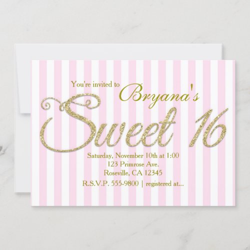 GOLD GLITTER SWEET 16 Pink Party Invitations