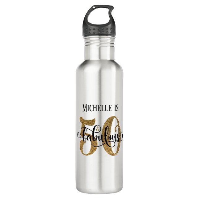 Gold Glitter & Swirling Script 50 & Fabulous Stainless Steel Water Bottle (Front)