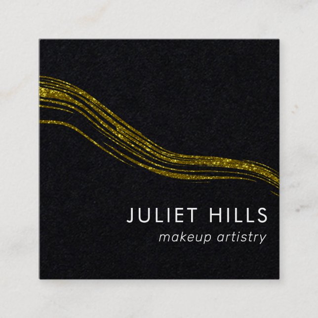 Gold Glitter Swish and Black Square Business Card (Front)