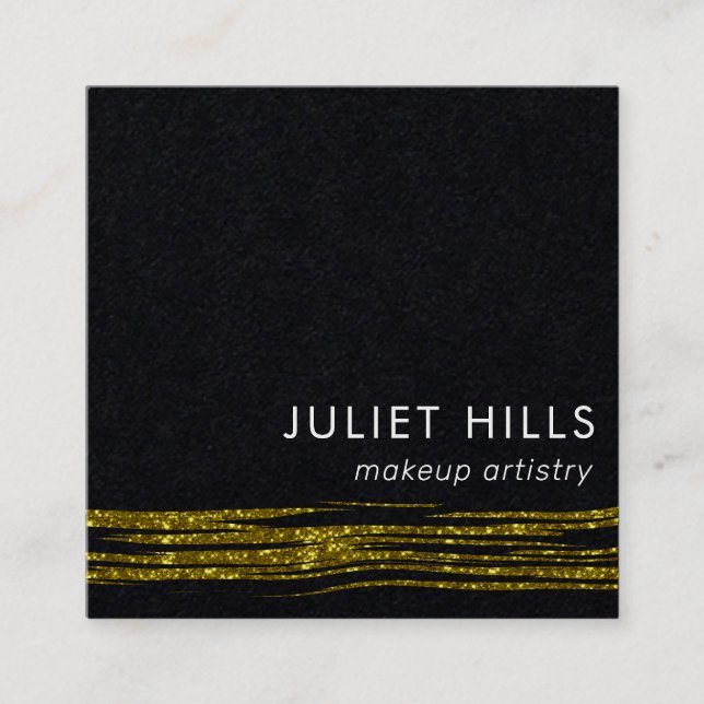 Gold Glitter Swish and Black Square Business Card (Front)