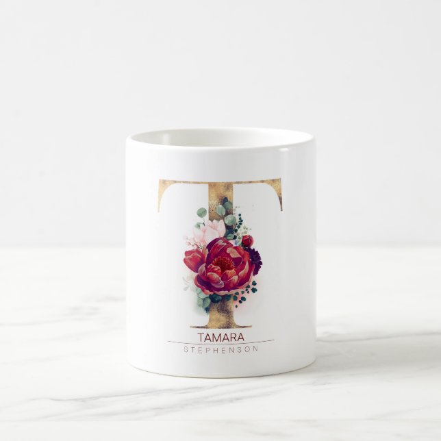 Gold Glitter T Monogram Floral Burgundy Red Coffee Mug (Center)