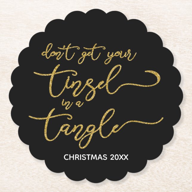 Gold Glitter Tangled Tinsel Paper Coaster (Front)