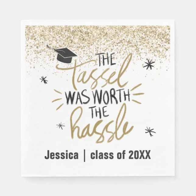 Gold Glitter Tassel Worth the Hassle Graduation Napkins (Front)
