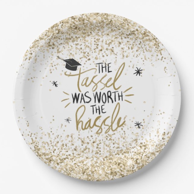 Gold Glitter Tassel Worth the Hassle Graduation Paper Plates (Front)