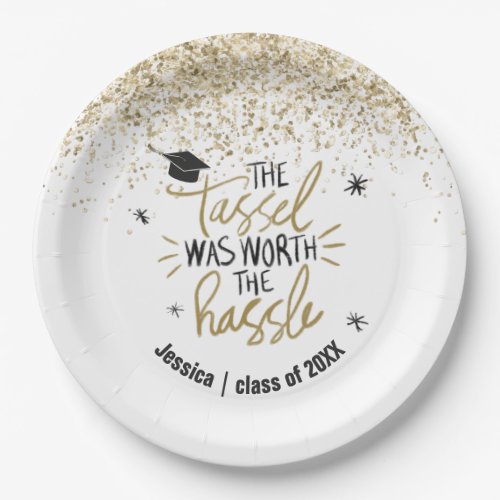 Gold Glitter Tassel Worth the Hassle Graduation Paper Plates