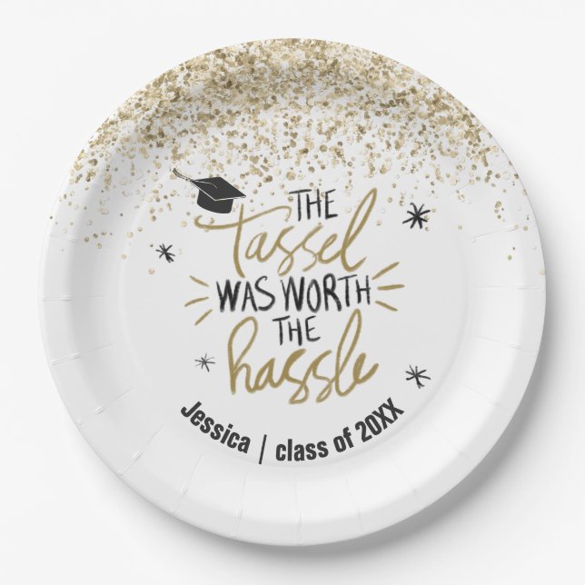 Gold Glitter Tassel Worth the Hassle Graduation Paper Plates (Front)