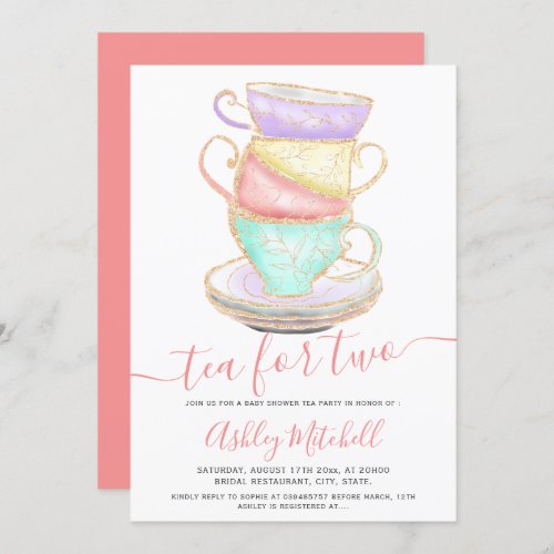 Gold glitter tea cup watercolor chic baby shower invitation