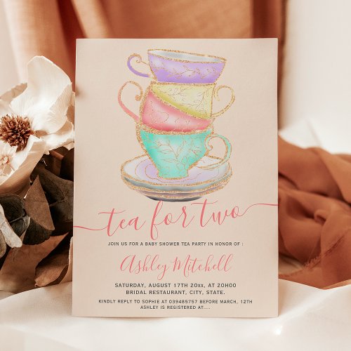 Gold glitter tea cup watercolor chic baby shower invitation
