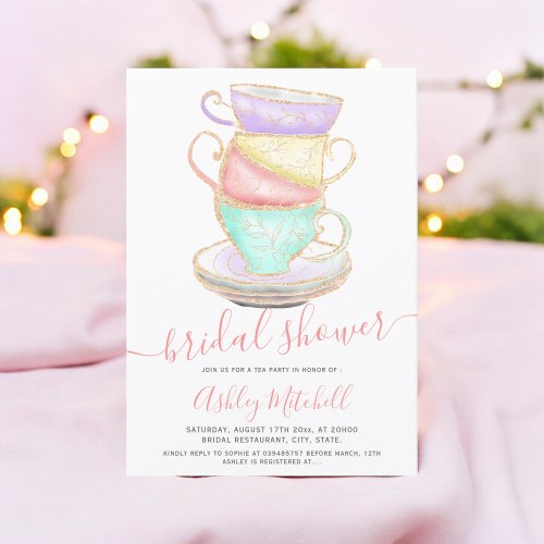 Gold glitter tea cup watercolor chic bridal shower invitation