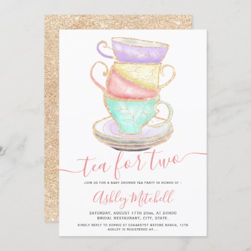 Gold glitter tea cup watercolor pink baby shower invitation