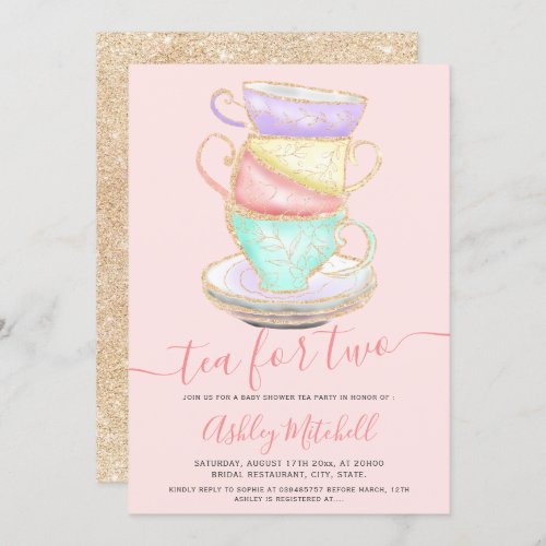 Gold glitter tea cup watercolor pink baby shower invitation