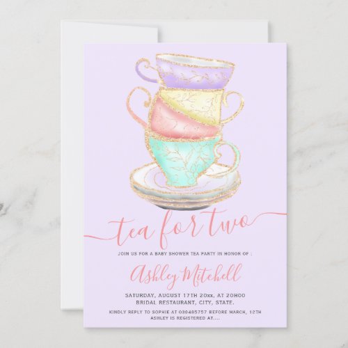 Gold glitter tea cup watercolor purple baby shower invitation