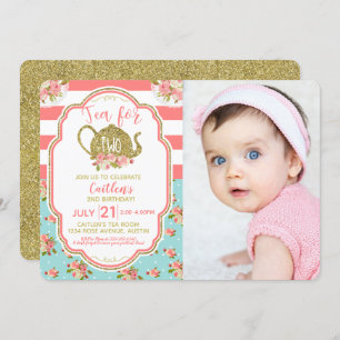 Gold Glitter Tea For Two Birthday Photo Invitation