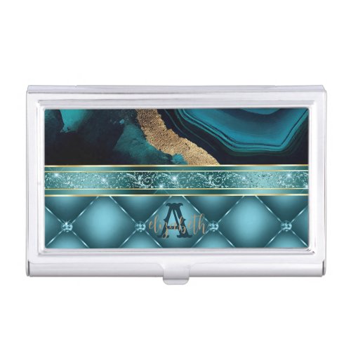 Gold Glitter Teal Agate Marble Diamonds  Business Card Case