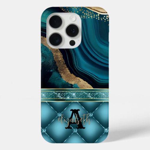 Gold Glitter Teal Agate Marble Diamonds  iPhone 15 Pro Case