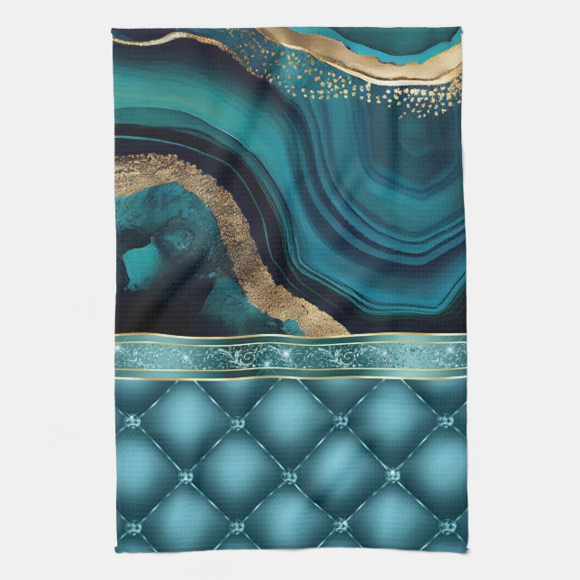 Gold Glitter Teal Agate Marble Diamonds  Kitchen Towel (Vertical)