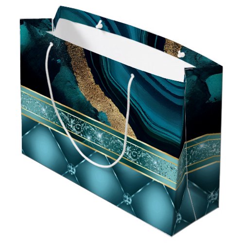 Gold Glitter Teal Agate Marble Diamonds  Large Gift Bag
