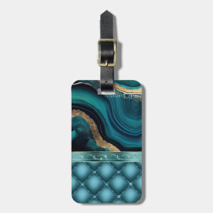 Gold Glitter Teal Agate Marble Diamonds Luggage Tag