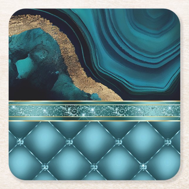 Gold Glitter Teal Agate Marble Diamonds  Square Paper Coaster (Front)