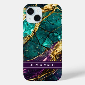 Gold Glitter Teal And Purple Gemstone Custom Name Iphone 15 Case by DoodlesGiftShop at Zazzle