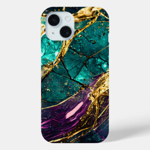Gold Glitter Teal and Purple Glass Art Gemstone iPhone 15 Case