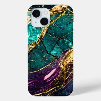 Gold Glitter Teal And Purple Glass Art Gemstone Iphone 15 Case by DoodlesGiftShop at Zazzle