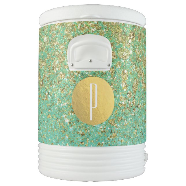 Gold Glitter & Teal Aqua Beachy Girly Trendy Glam Cooler (Left)