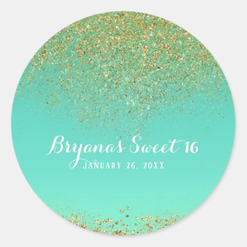 Gold Glitter  Teal Aqua Glam Birthday Party Favor Classic Round Sticker