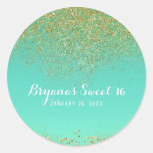 Gold Glitter & Teal Aqua Glam Birthday Party Favor Classic Round Sticker