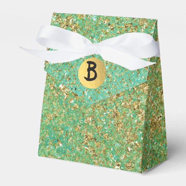 Gold Glitter & Teal Aqua Glam Monogram Party Favor Boxes (Front Side)