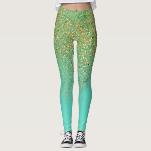 Gold Glitter  Teal Aqua Glam Sparkle Glittery Leggings