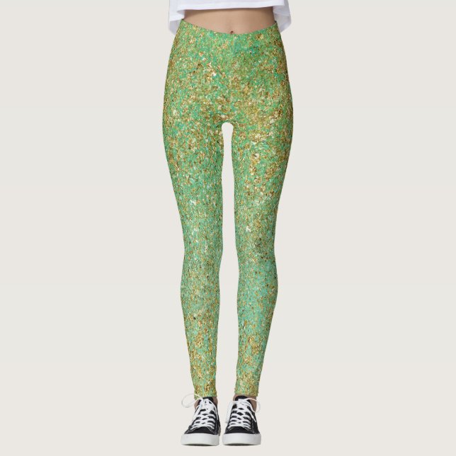 Gold Glitter & Teal Aqua Glam Sparkle Glittery Leggings (Front)