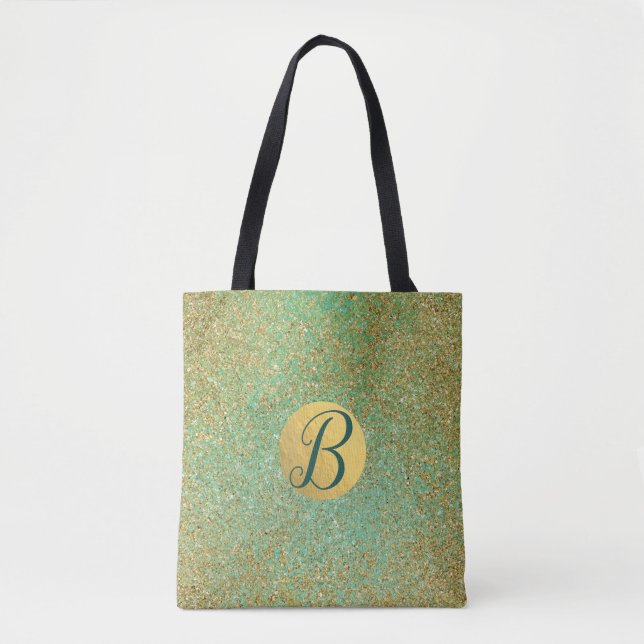 Gold Glitter Teal Aqua Green Glam Trendy Chic Tote Bag (Front)