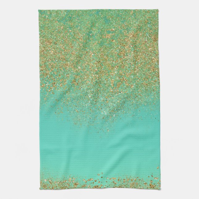 Gold Glitter & Teal Aqua Modern Girly Trendy Glam Towel (Vertical)