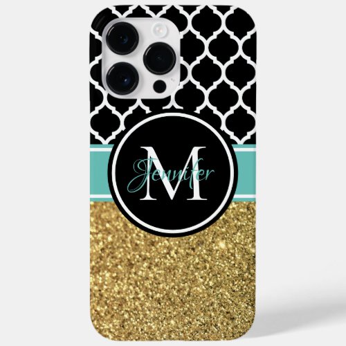 Gold Glitter Teal Black White Trellis Monogram Case_Mate iPhone 14 Pro Max Case