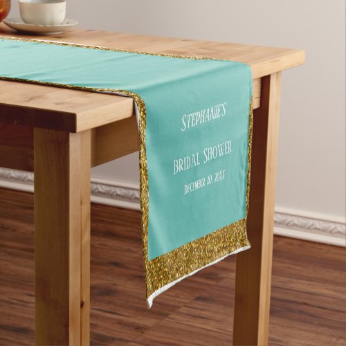 Gold Glitter Teal Blue Bridal Shower Wedding 2024 Short Table Runner